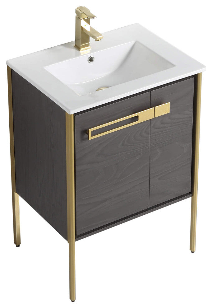 Oakville Bath Vanity, Ceramic Sink, Black Coal Oak, 24 Inch, Satin Brass Hardwar