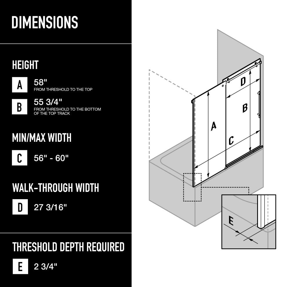 VIGO Luca 56" to 60" W x 58" H Frameless Sliding Tub Door, Matte Brushed Gold, Clear Glass