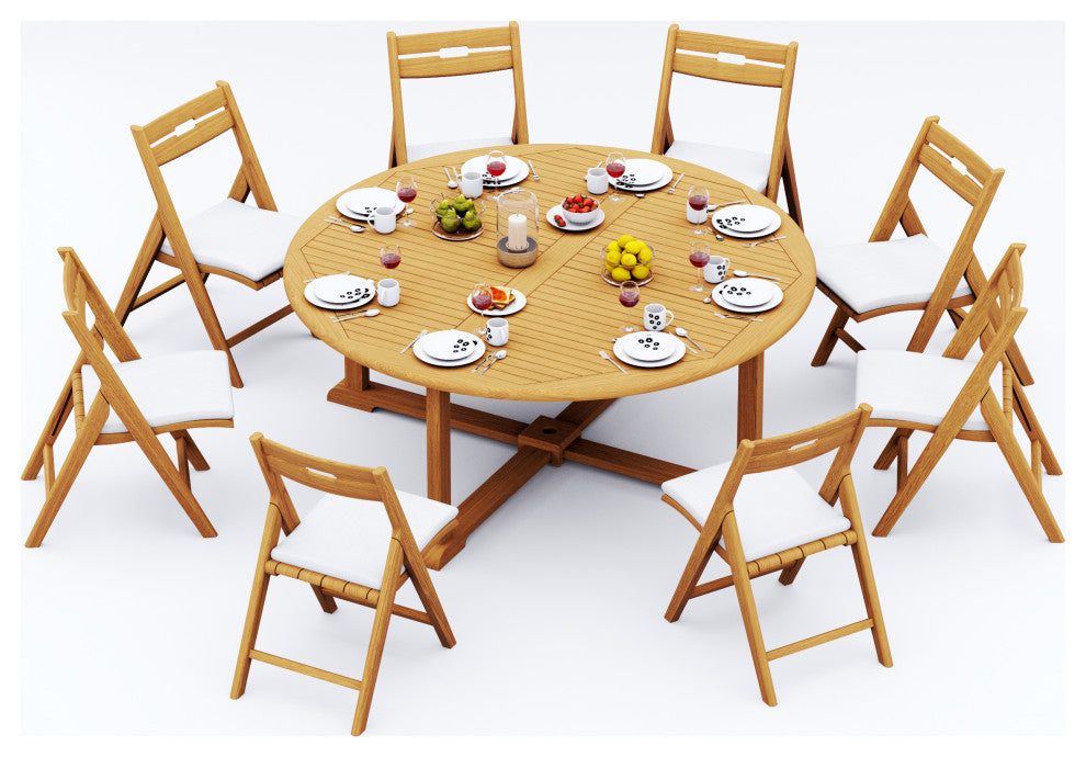 9-Piece Outdoor Teak Dining Set: 72" Round Table, 8 Surf Folding Arm Chairs