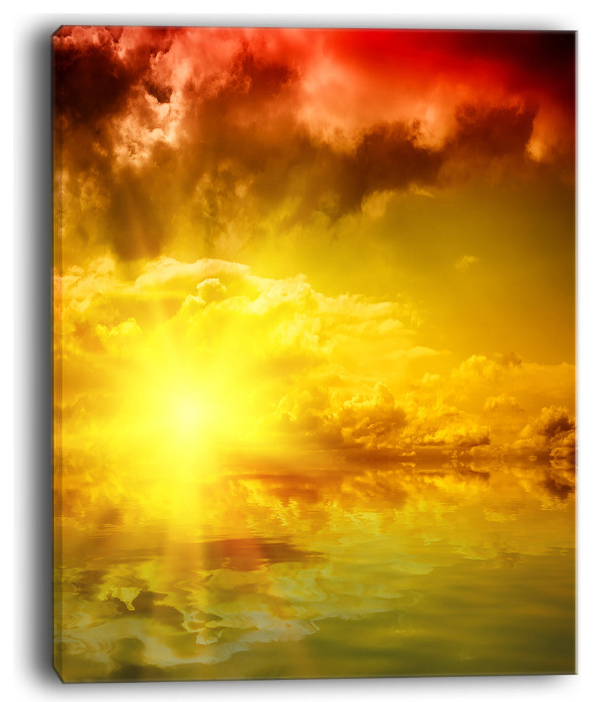 "Red Dramatic Sky With Yellow Sun" Landscape Art Print Canvas, 12"x20"