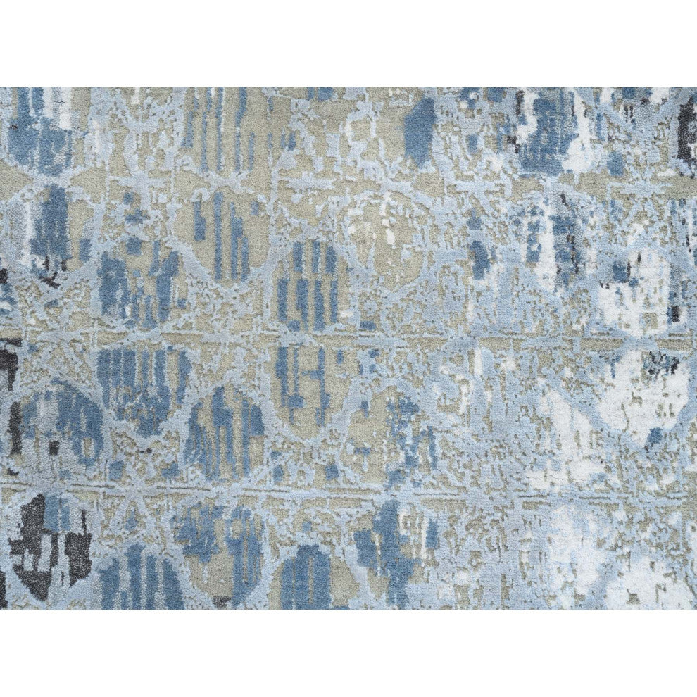 Gray and Blue, THE HONEYCOMB, Wool and Silk Hand Knotted Runner Rug, 2'6"x8'0"
