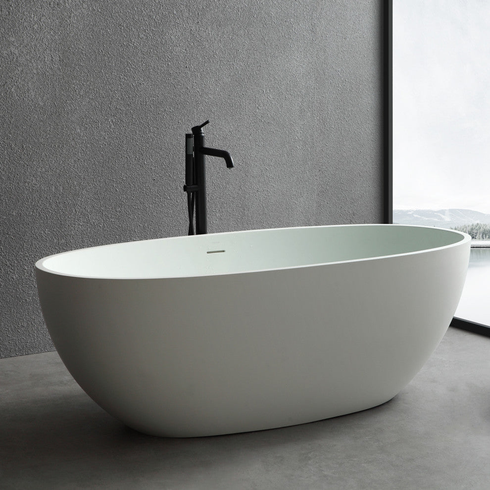 Stone Resin Solid Surface Freestanding Bathtub, White, 61"