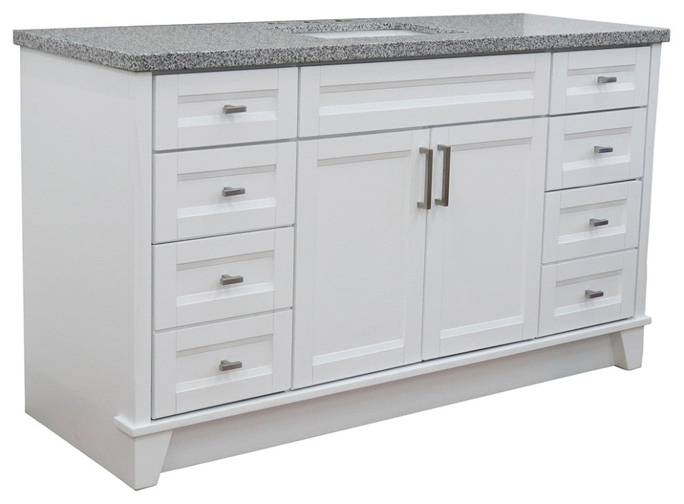 61" Single Sink Vanity, White Finish And Gray Granite And Rectangle Sink