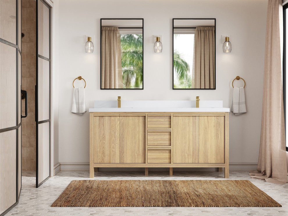 Elizabeth Oak 72" Double Sink Vanity, White 2" White Quartz