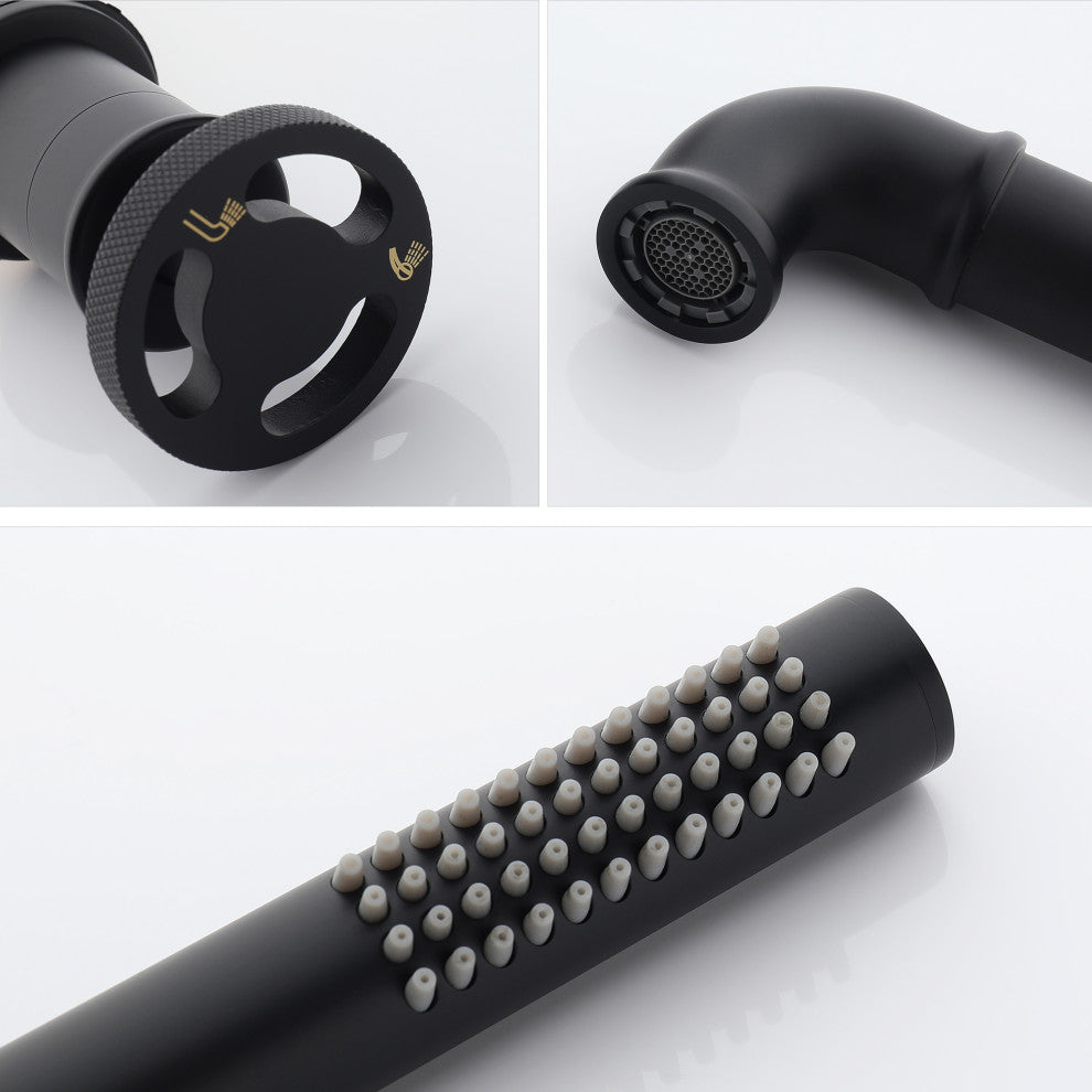 Modern 3-Handle Deck Mounted Roman Tub Faucet With Handshower, Matte Black