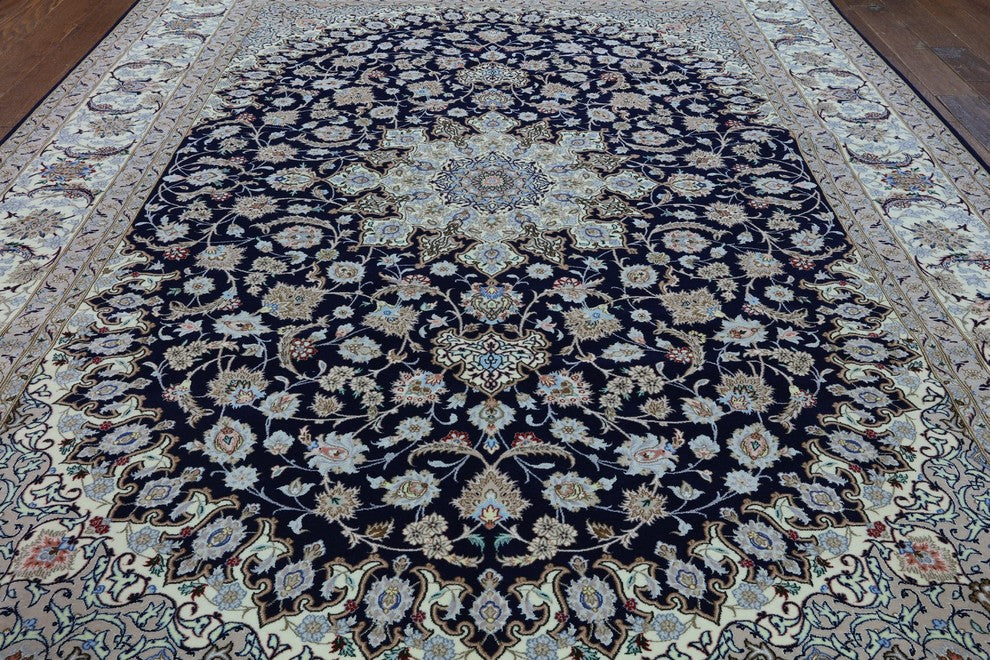 Blue/Ivory Persian Isfahan Wool & Silk Rug, 8'4"x11'3"