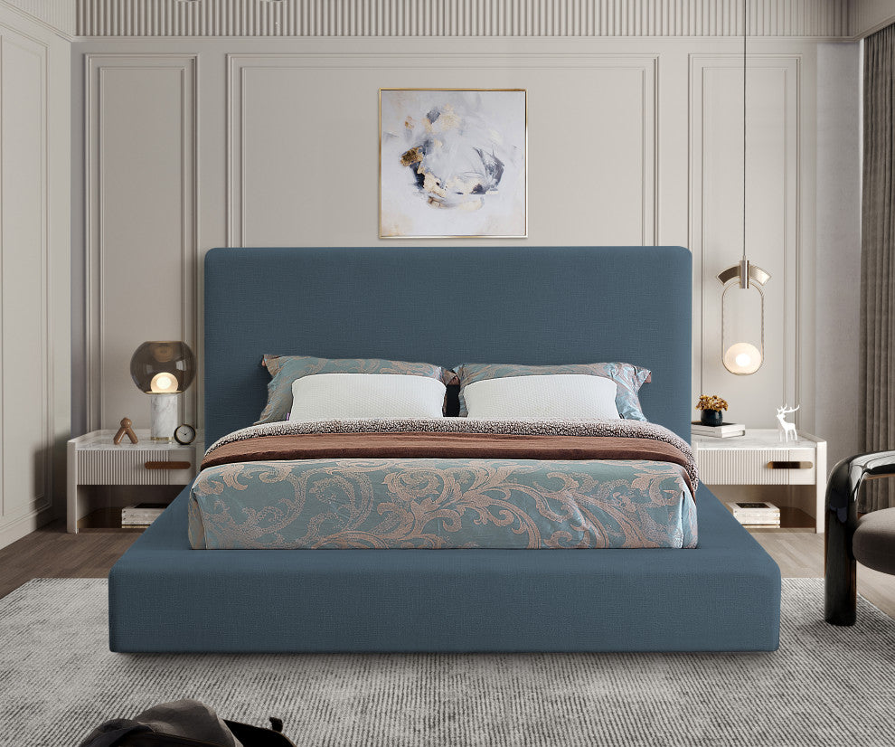 Devin Linen Textured Fabric Upholseterd Bed, Navy, King