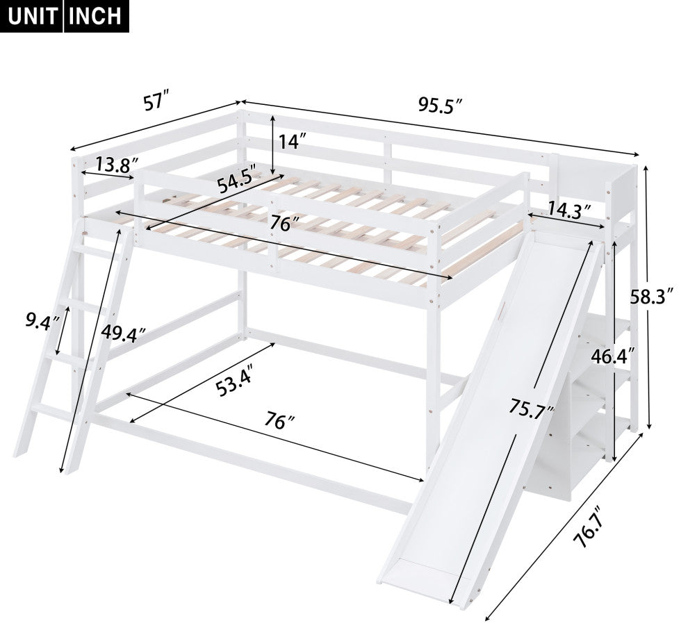 Gewnee Wood Full Over Full Bunk Bed with Ladder, Slide and Shelves in White