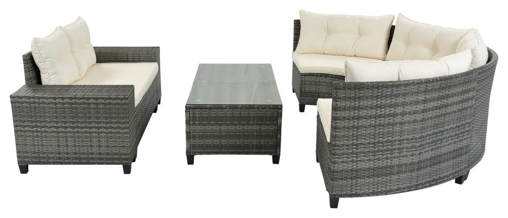 8 Pieces Outdoor Wicker Curved Patio Sectional with Coffee Table and Cushions, Beige