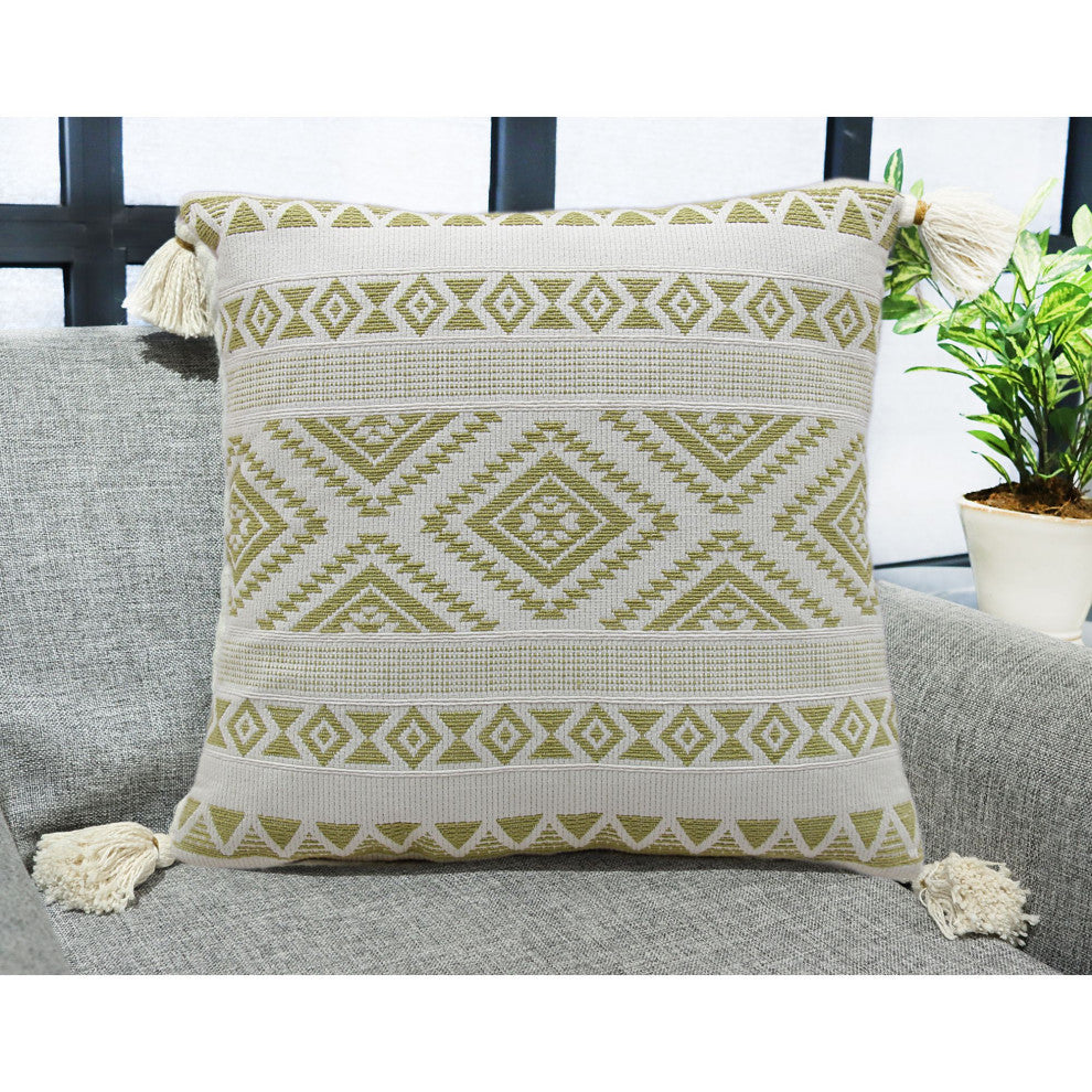 Yellow Machine Woven with Tassels Bunche Throw Pillow, 20" x 20"