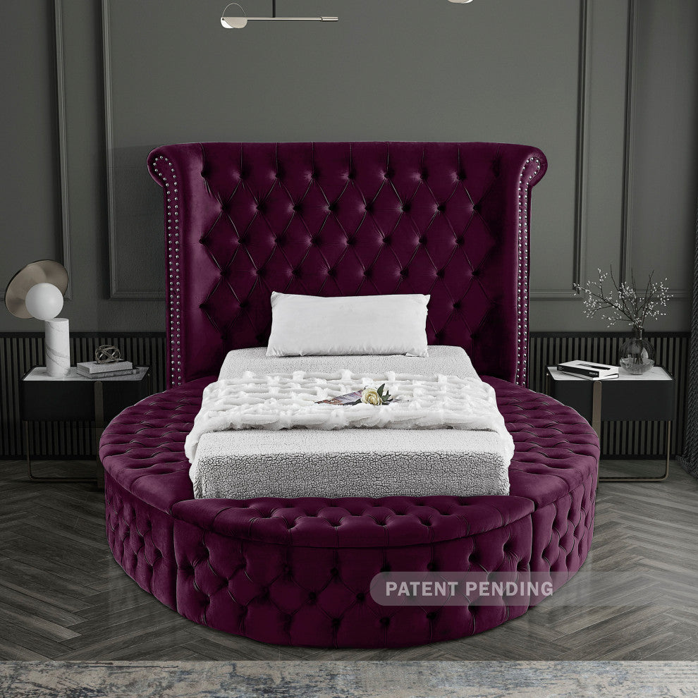 Luxus Button Tufted Velvet Round Bed, Purple, Twin