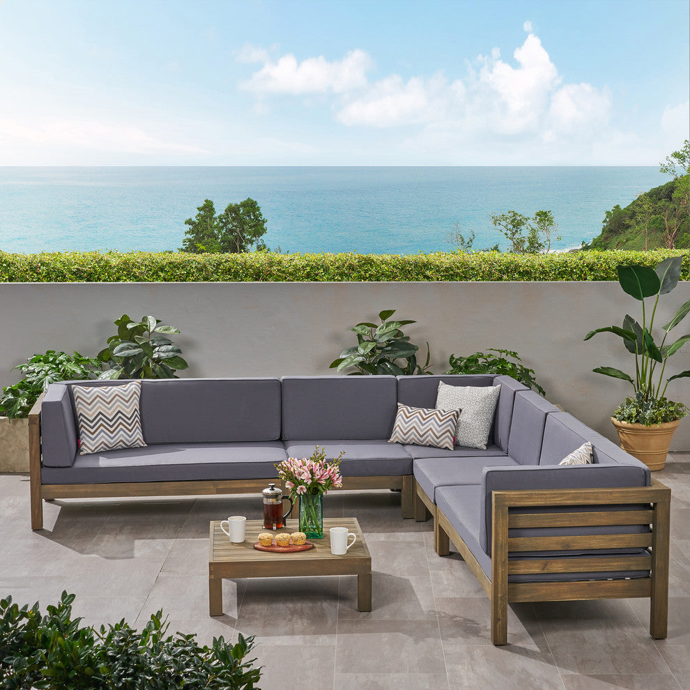 Emma Outdoor 7 Seater Acacia Wood Sectional Sofa Set, Dark Gray