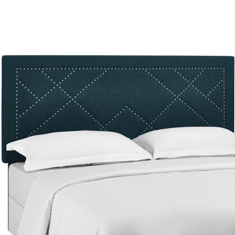 Reese Nailhead King and California King Upholstered Linen Fabric Headboard Azure