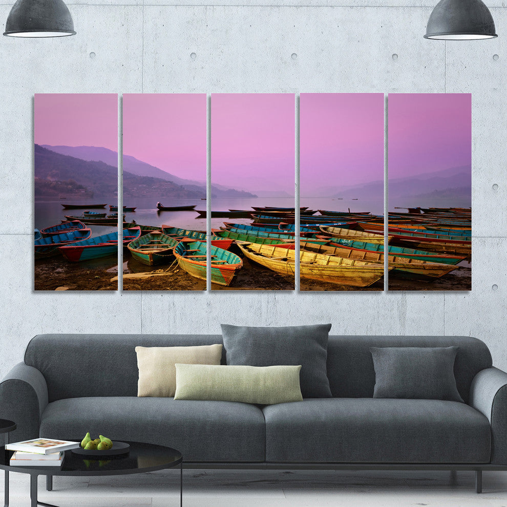 Boats under Twilight Sky in Phewa, Boat Canvas Art Print, 60"x28", 5 Panels