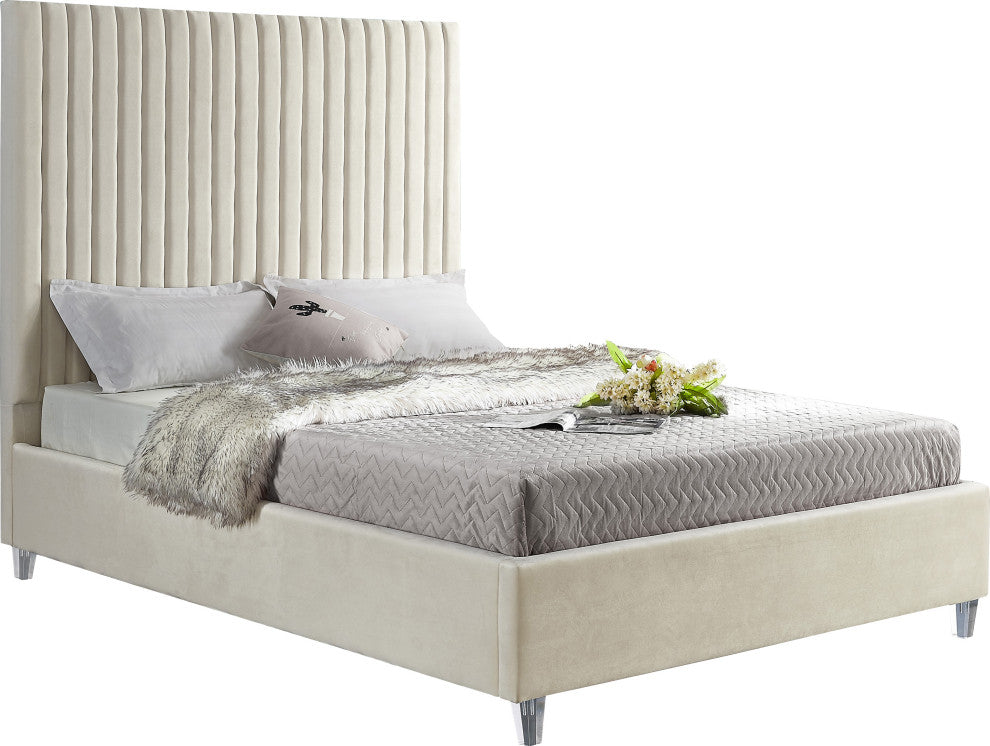 Candace Velvet Upholstered Bed, Cream, Queen