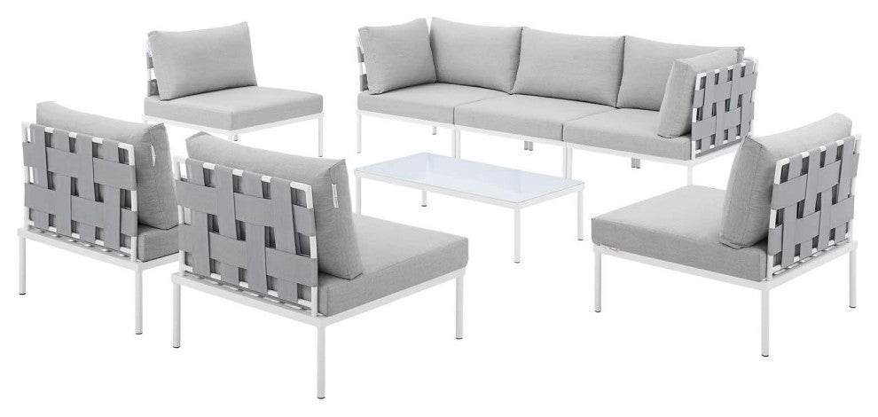 Lounge Sectional Sofa Chair Table Set, Sunbrella, Aluminum, Gray, Outdoor