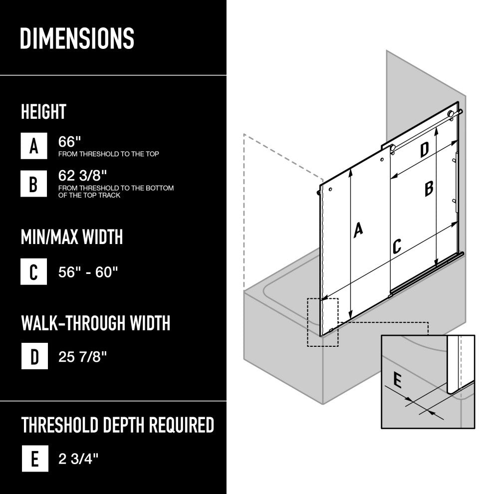VIGO Elan E-Class 56" to 60" W x 66" H Frameless Sliding Tub Door, Fluted Glass, Right