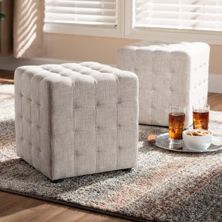 Jodene Beige Fabric Upholstered Tufted Cube Ottoman Set of 2