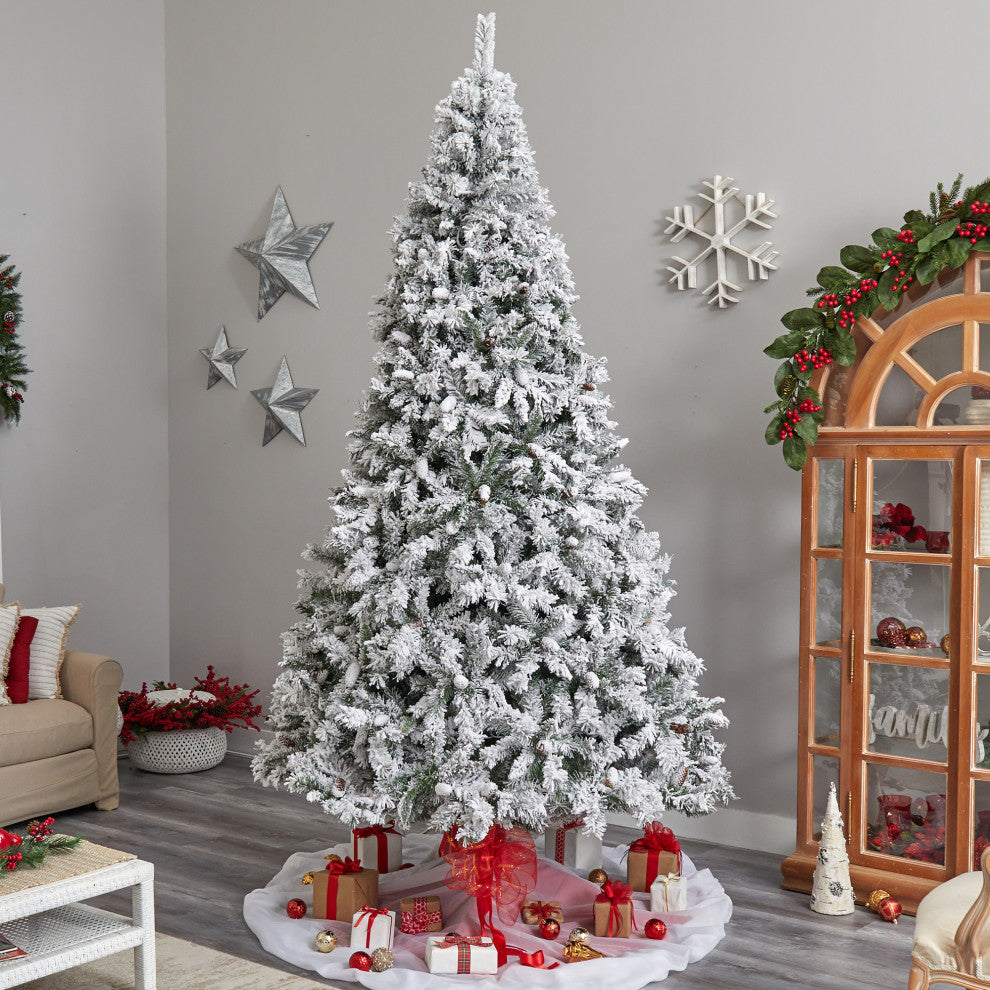 10' Flocked West Virginia Fir Faux Xmas Tree W/ 800 Clear LED Lights & 1680 Tips