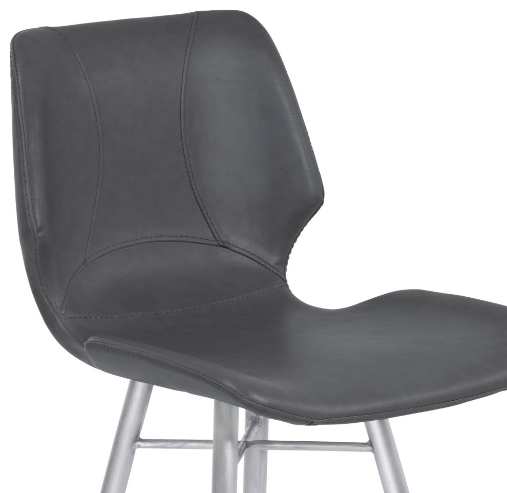 30" Bar Height Metal Barstool In Gray Faux Leather, Brushed Stainless Steel