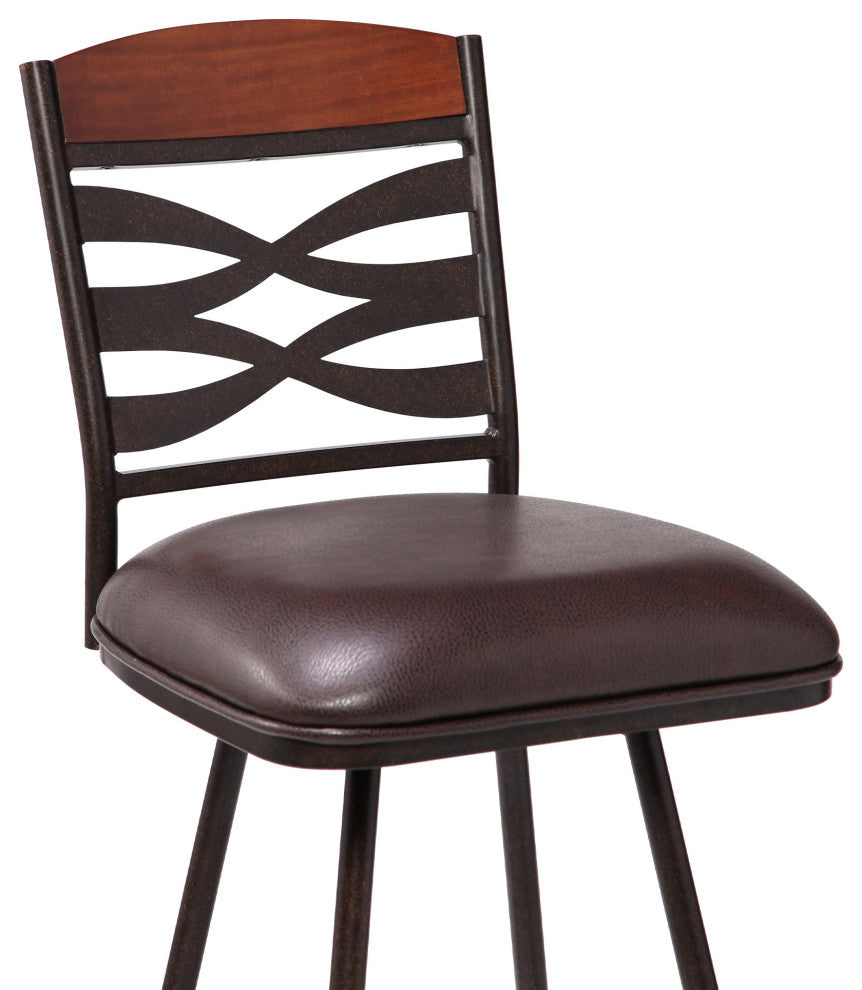 30" Brown Faux Leather Speckled Metal and Maple Wood Bar Stool