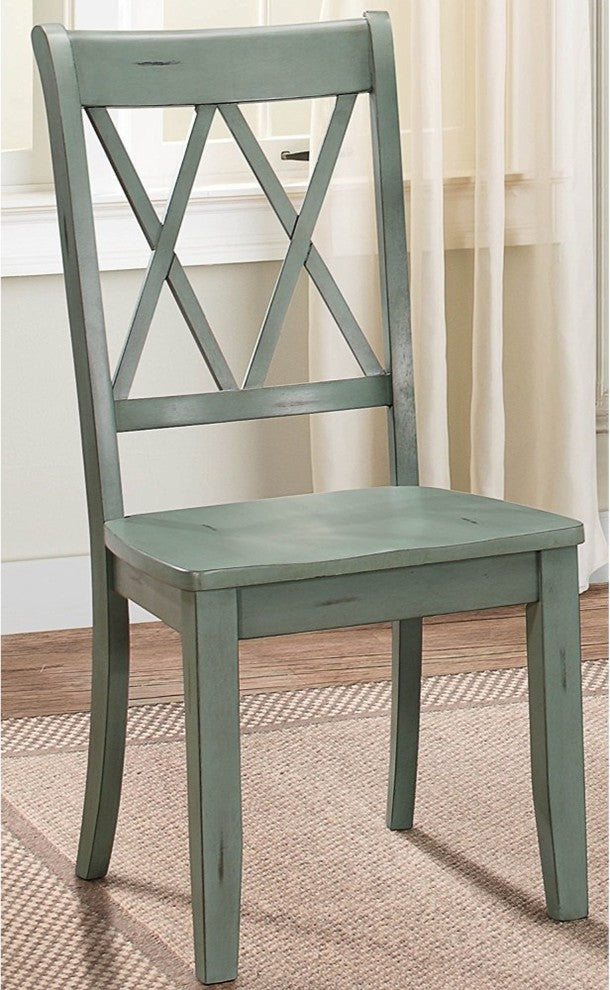 Pine Veneer Side Chair With Double X Cross Back, Teal Blue, Set Of 2