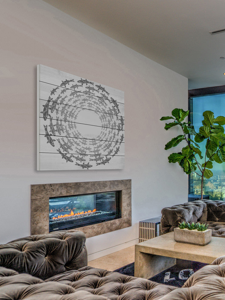 "Fish Circle" Print on White Wood, 80x80 cm
