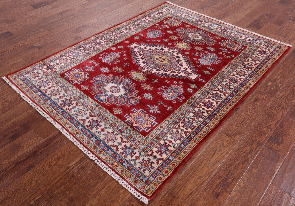 4' 10" X 6' 5" Geometric Super Kazak Handmade Wool Rug - Q12844