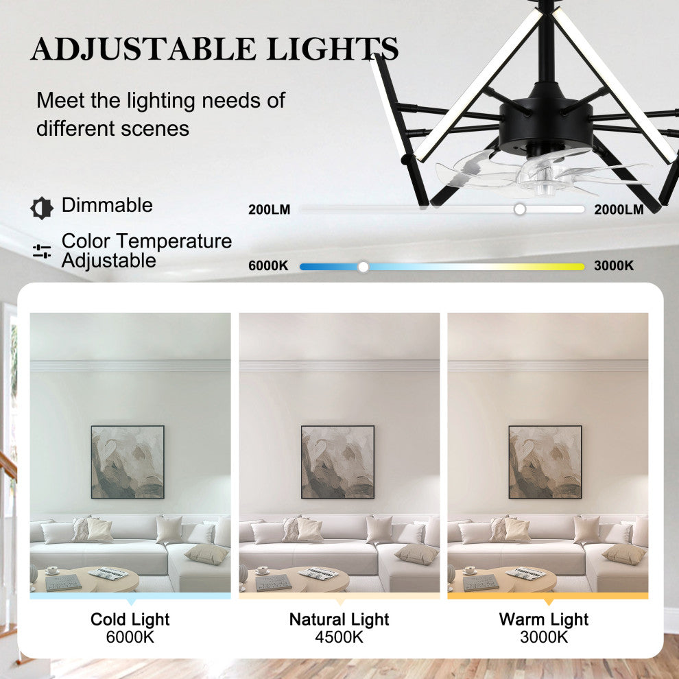 20" Matte Black Modern Ceiling Fan Light w Dimmable DIY Light