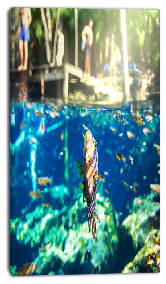 Large Fish in Ik Kil Cenote Mexico, Landscape Wall Art on Canvas, 16"x32"