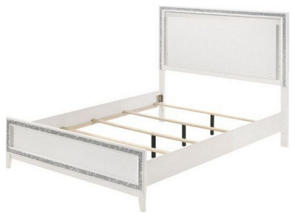Benzara BM266526 Eastern King Bed With LED Headboard and Shimmering Trim, White