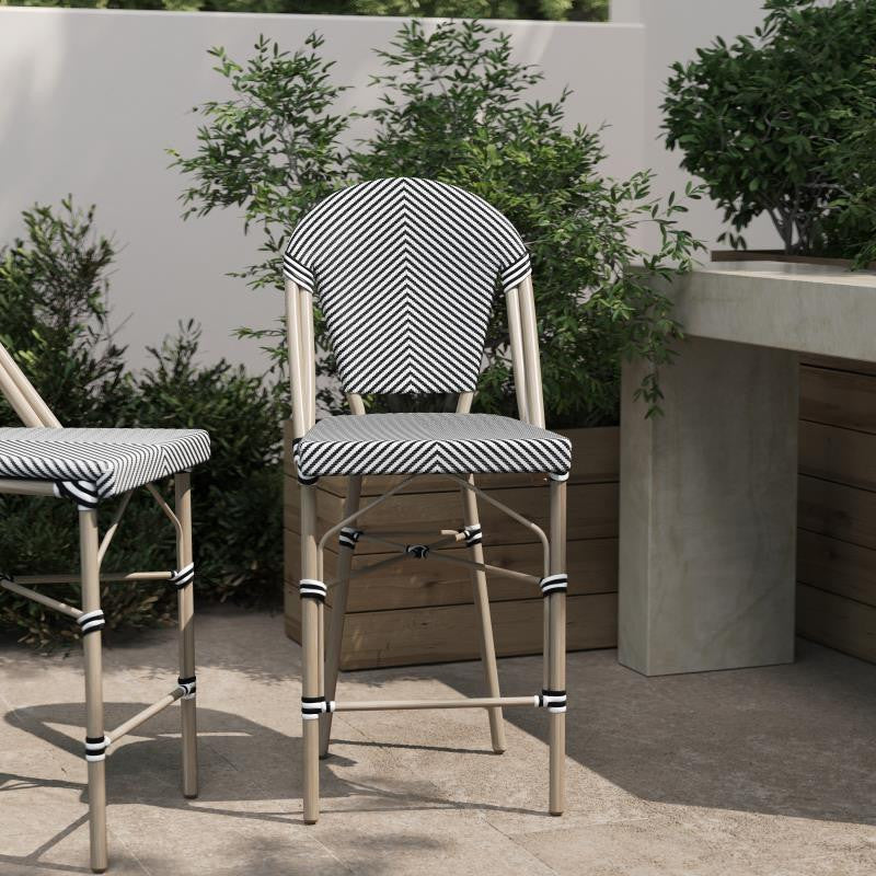 Marseille Stackable Indoor/Outdoor Bistro 26" High Barstool, Commercial Grade, Black & White/Light Natural Frame