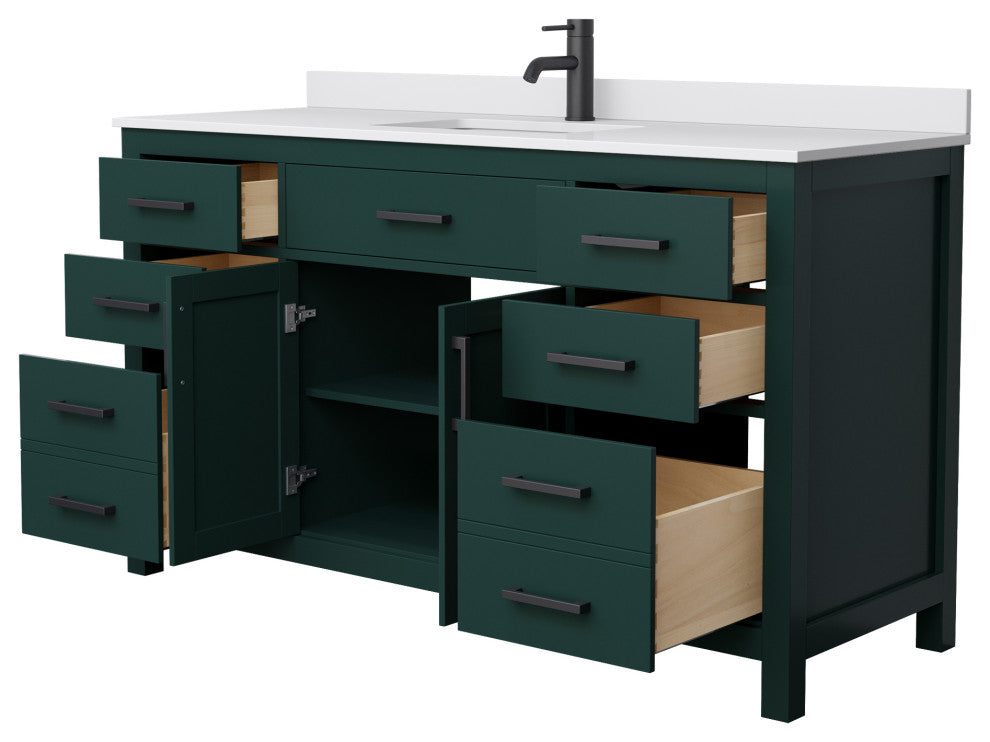 60"SGL Bathroom Vanity, Green, White Cult. Marble Countertop, Sink, Black Trim