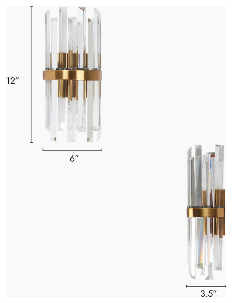 LNC 2-Light 6" Modern Brass Crystal Glass Wall Sconce, Vertical Prism Design