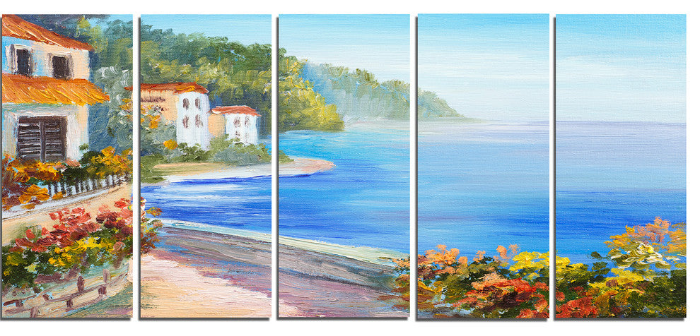 "House Near Blue Sea" Canvas Print, 5 Panels