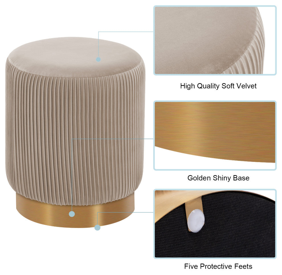 Round Pleated Golden Base Velvet Ottoman, Khaki