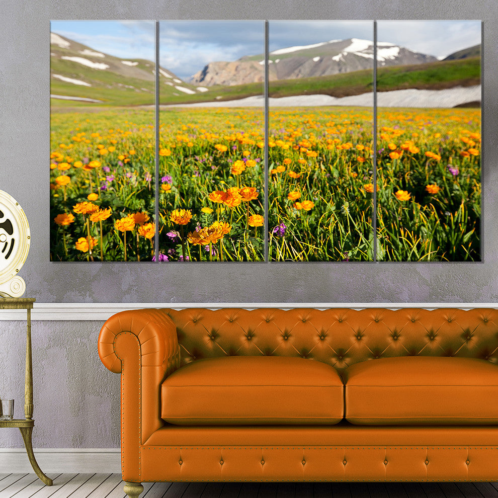 Mountain Plain with Wild Yellow Flowers, Floral Canvas Print, 48"x28", 4 Panels