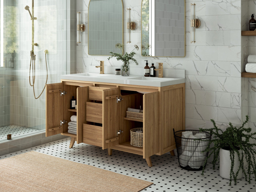 Madison Teak 60 Double Bathroom Vanity in Light Natural 1.5" Empira Quartz