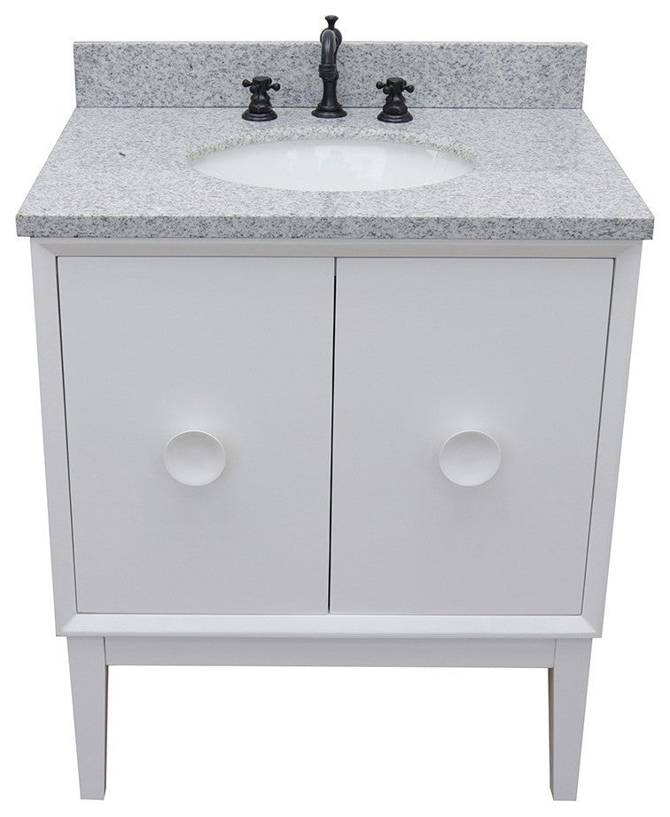 31" Single Vanity, White Finish With Gray Granite Top And Oval Sink