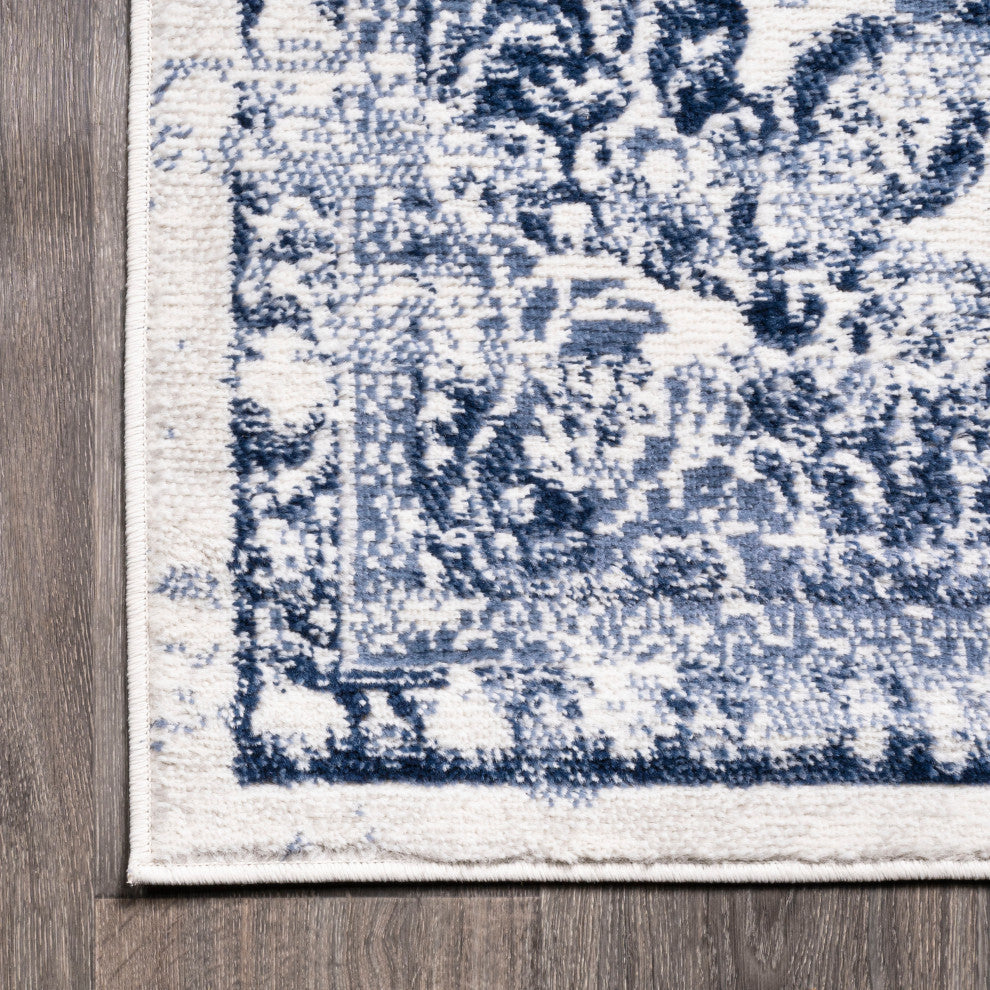 Alhambra Ornate Medallion Modern Runner Rug, Light Blue/Ivory, 5x8