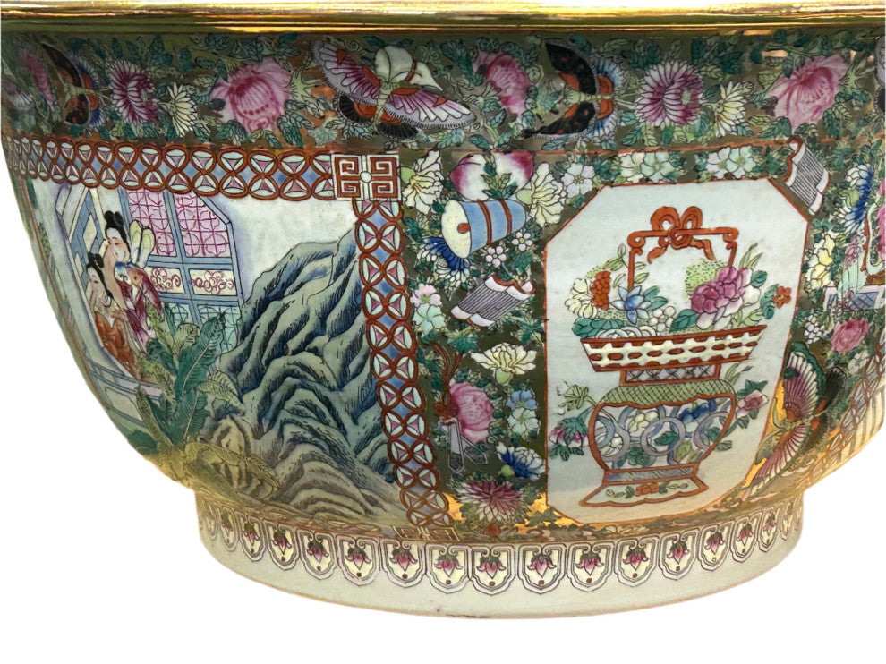 Vintage Chinese Famille Rose People House Graphic Porcelain Bowl Pot Hws4349