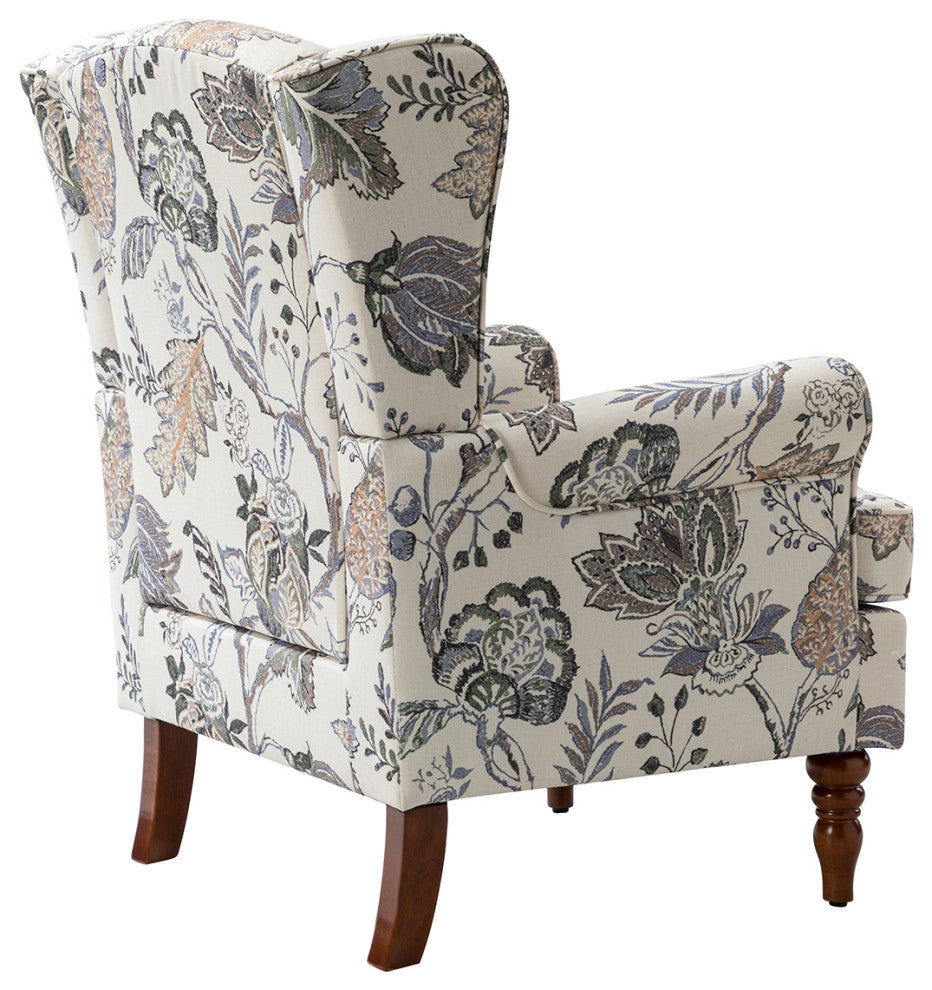 Floral Wingback Armchair with Turned Legs, Green