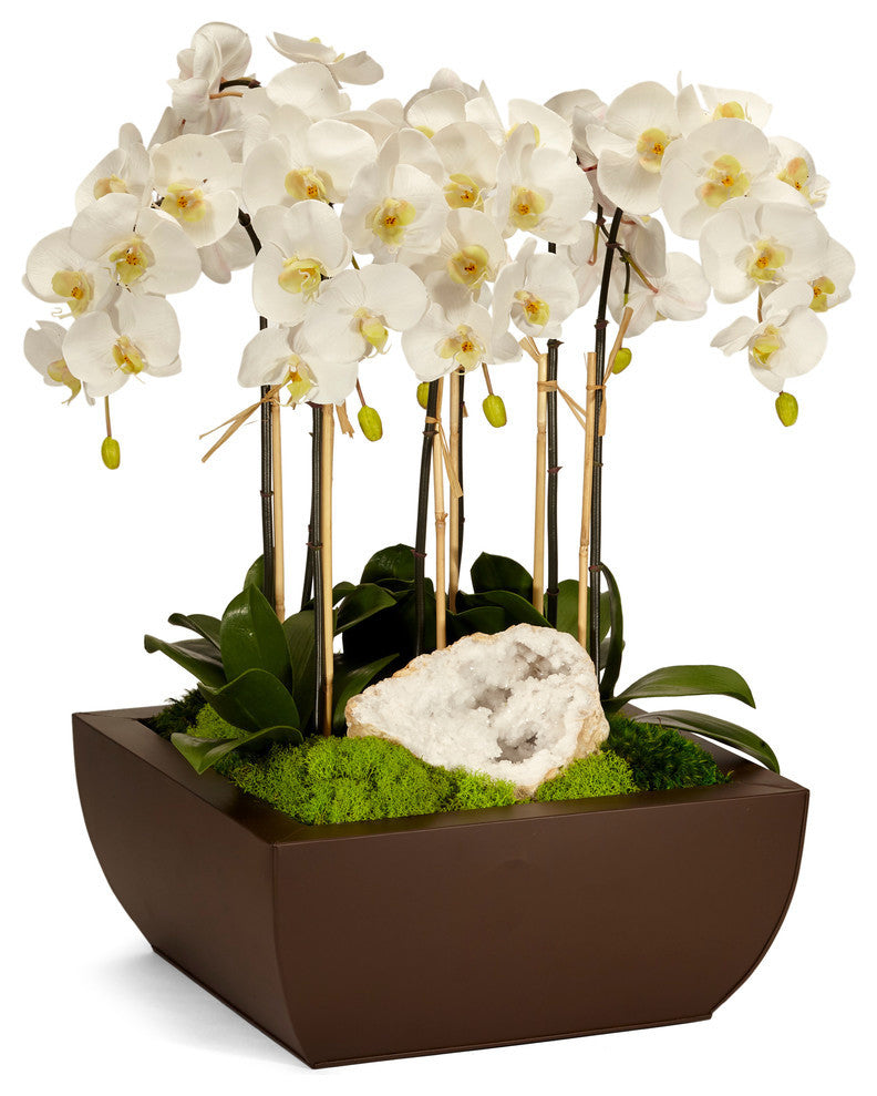 Orchid and Geode in Large Metal Box, White