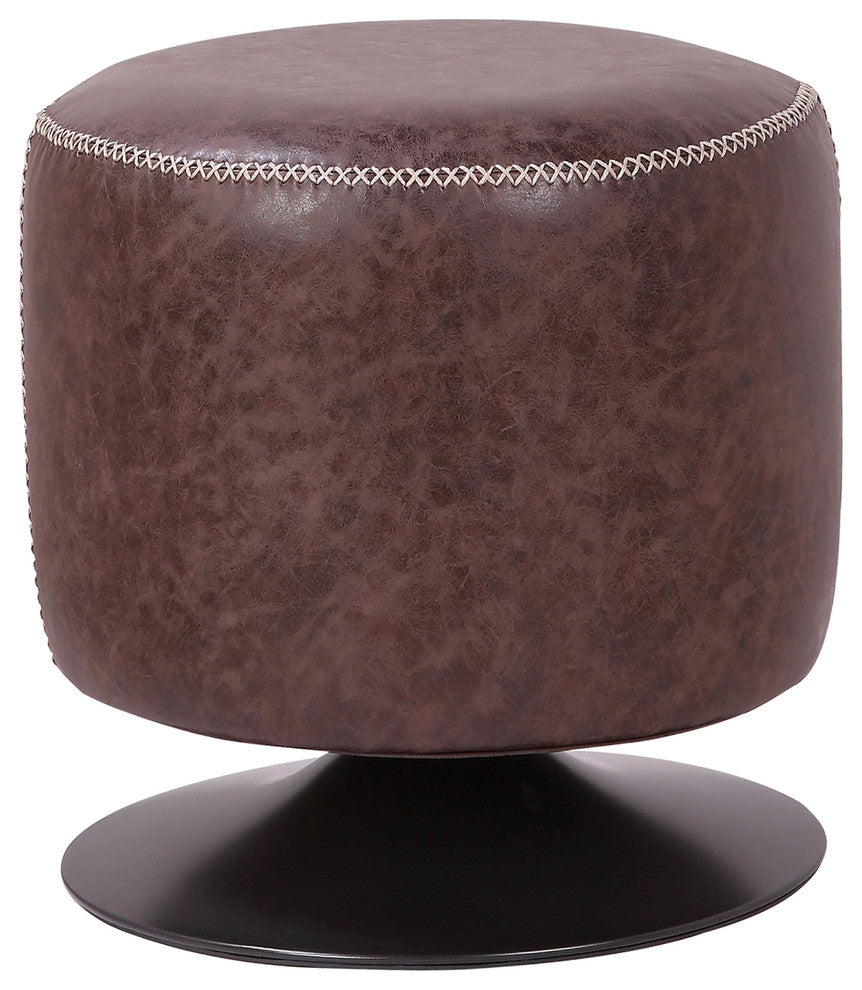 Gaia PU Leather Round Ottoman, Vintage Coffee Brown