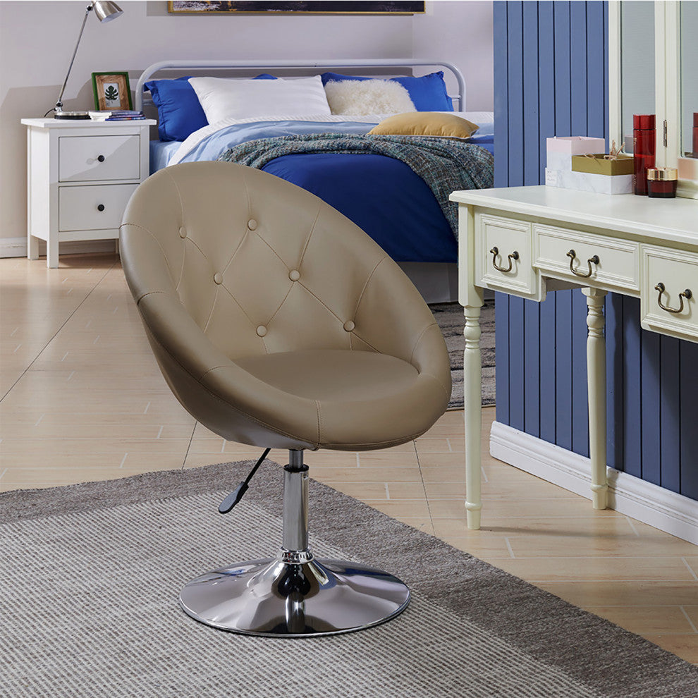 Button Tufted Swivel PU Leather Papasan Chair, Khaki