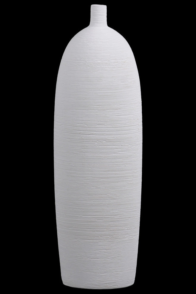 Tall Cylindrical Vase With Short Neck and Tapered Bottom, Combed Finish White