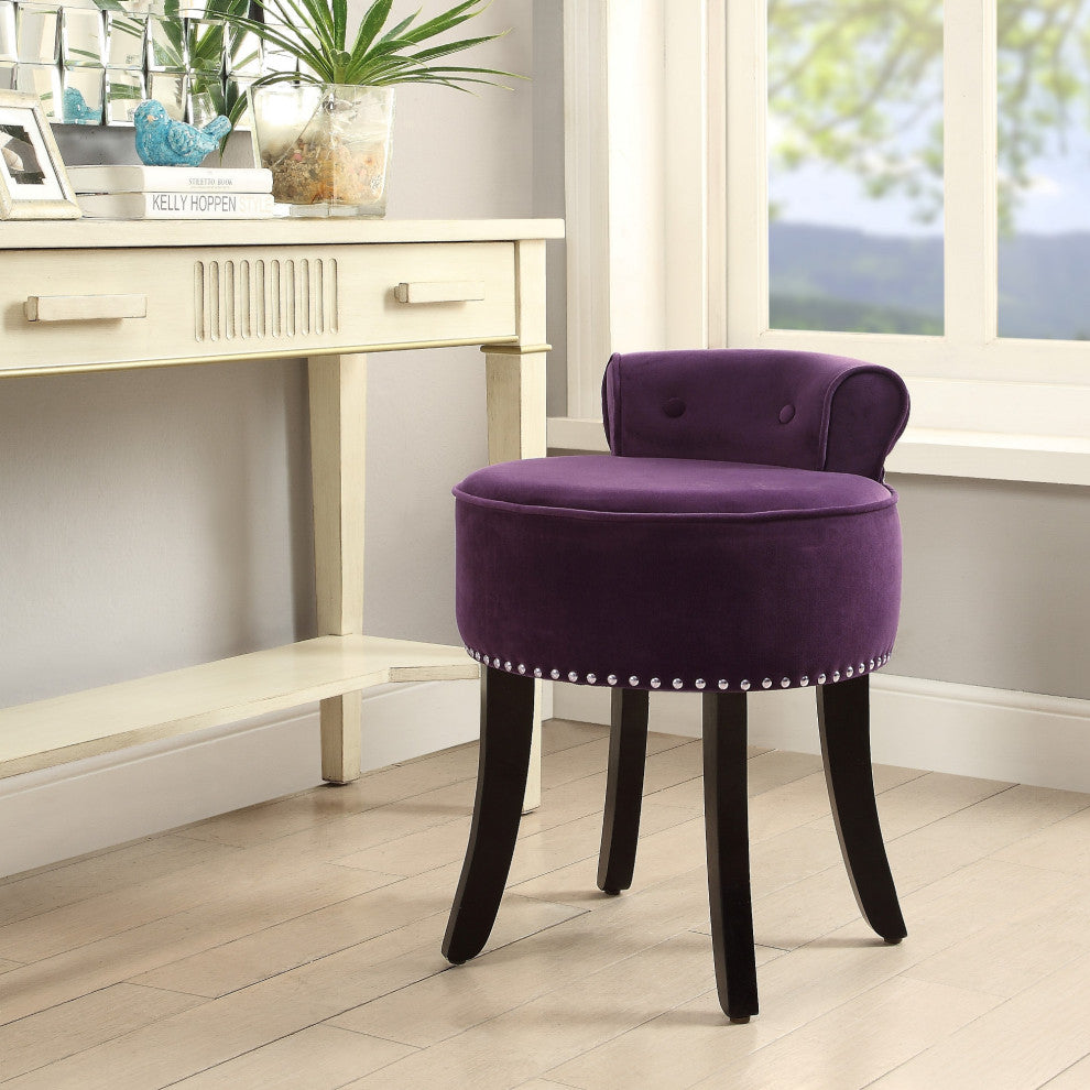 Ludovic Velvet Contemporary Nailhead Trim Rolled Back Vanity Stool, Purple