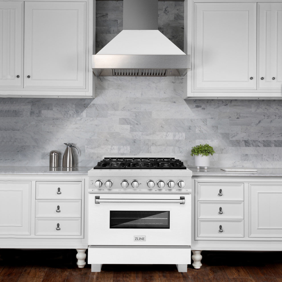 ZLINE 36" Range Gas Stove and Electric Oven, DuraSnow and White Matte Door