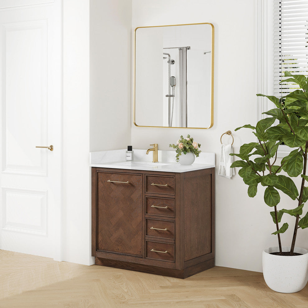 Jakarta Bath Vanity, Quartz Top No Mirror, Dark Brown Oak, 36", Single Vanity