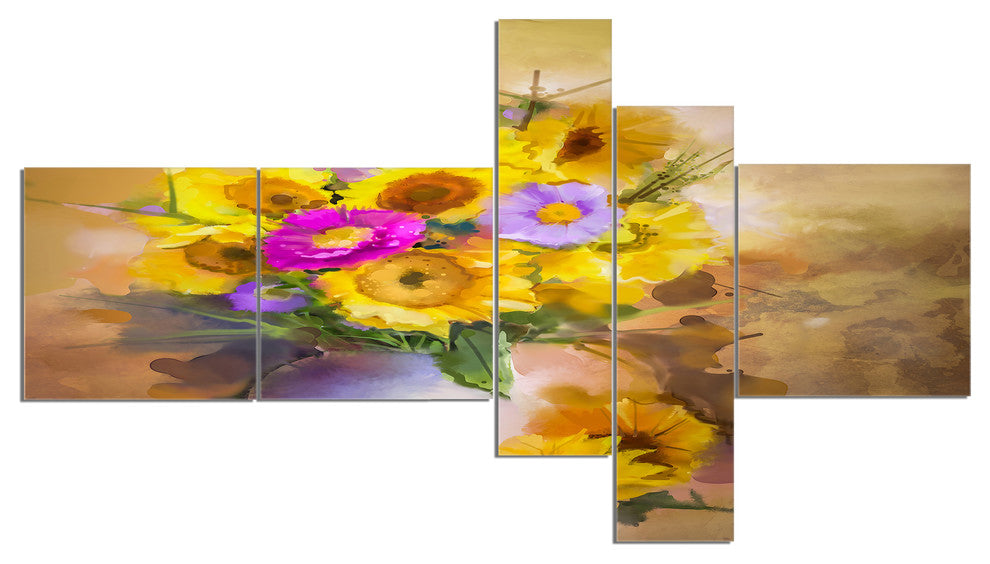 Yellow Sunflower and Violet Aster Flowers, Floral Wall Art, 60"x32", 5 panels